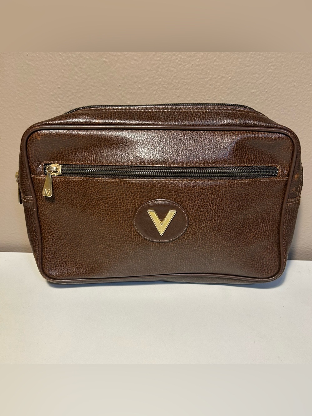 Vintage Mario Valentino Leather Toiletry Bag Clutch Makeup Bag Unisex Brown